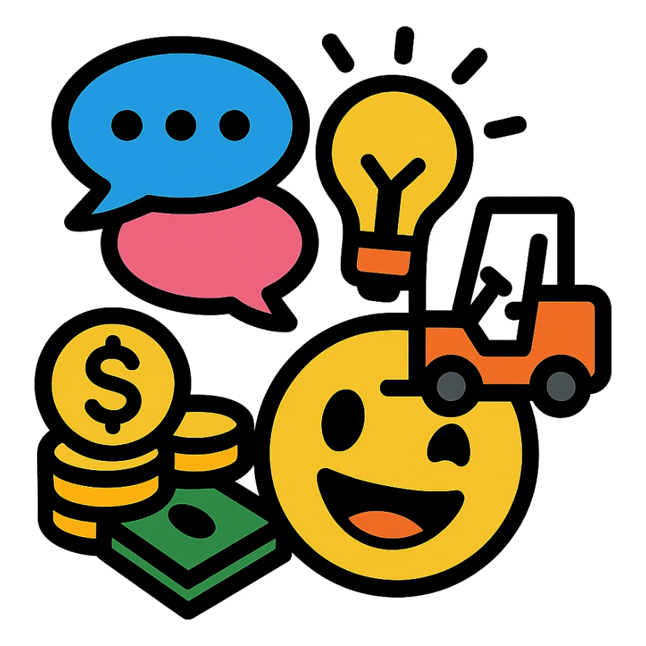 colorful emoji combining multiple elements: speech bubbles representing lots of discussion, a light bulb for new ideas, coins or bills for money, a forklift, and a joyful expression, clear and readable composition sticker