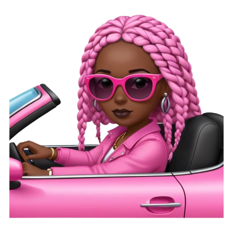 A dark-skinned Black woman with black box braids, driving a pink car sticker
