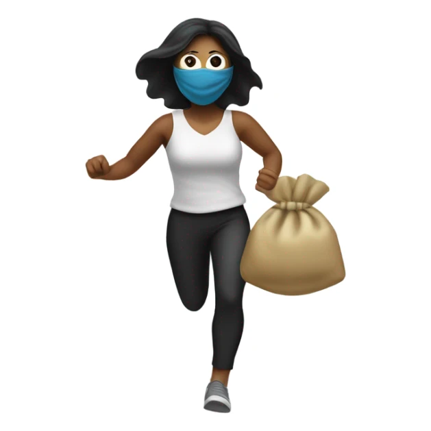 masked woman with money bag over shoulder running sticker