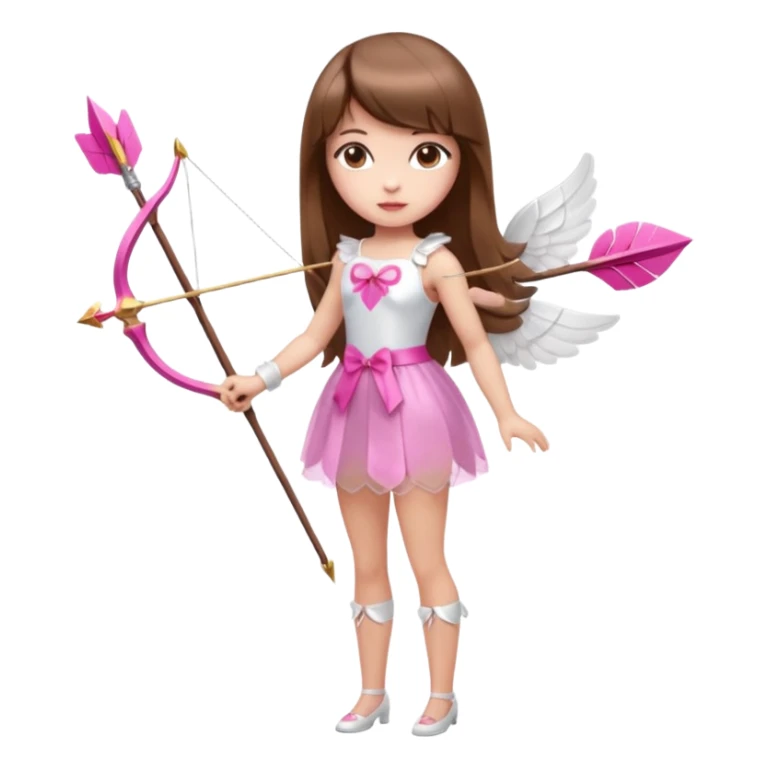 Hada de piel clara cupido pequeña  de cabello largo lacio castaño con flequillo y ojos cafés  vestida con algo sensual semitransparente corto color blanco o rojo con 1 arco y una sola flecha que combinen y labios rositas tipo Barbie pero en hada cupido de cuerpo completo de pies a cabeza   sticker