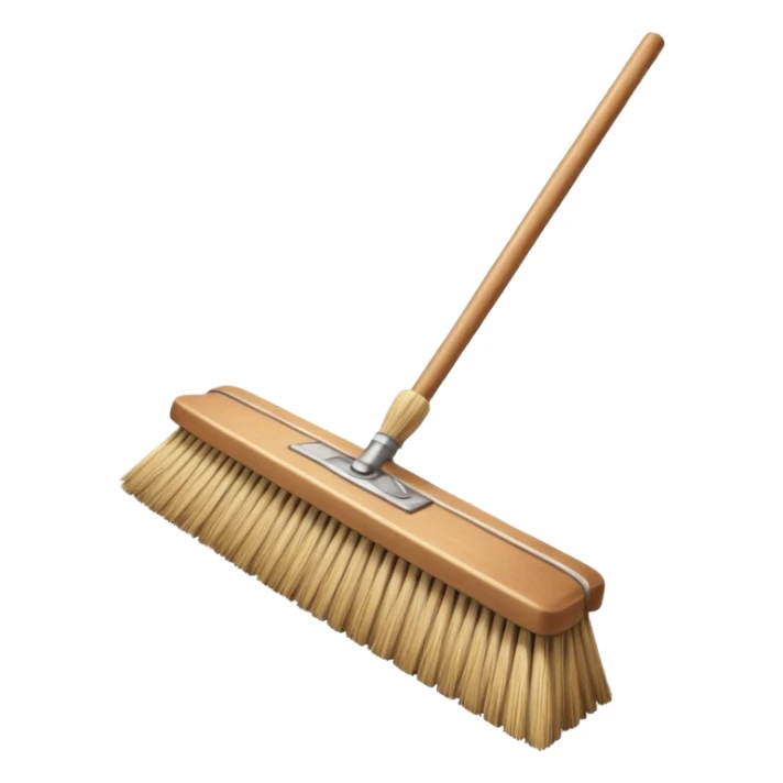 traditional broom with wooden handle on a dusty carpet, straw bristles sweeping visible dust clouds, old-fashioned cleaning tool, vintage household style, 3D cartoon, mobile game icon style, centered composition, no people, no animals, no text, no watermark sticker