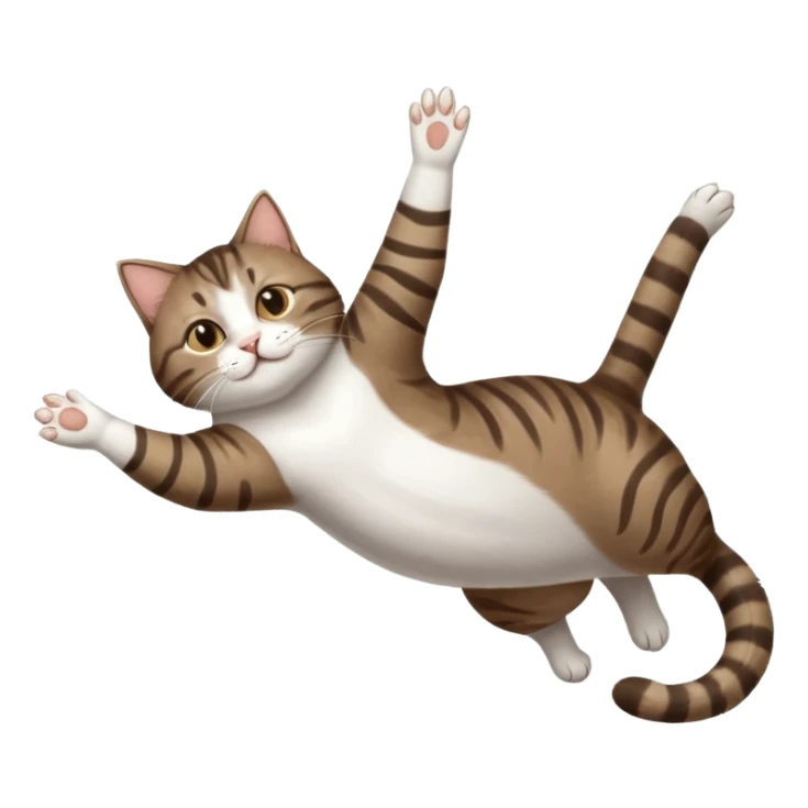 dark brown tabby and white cat with doing a big extremely long stretch reaching up into the air with arms and legs side by side together straight and overextended whilst lying on its side sticker