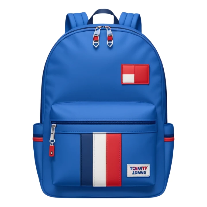 simple blue backpack, at the bottom pocket there is a  logo featuring a Tommy Jeans-inspired logo. The logo looks like A red and white vertically split flag-style patch on the bottom pocket.
 sticker