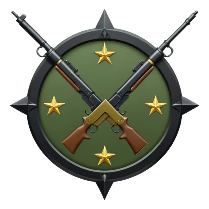 Insignia militar realista para videojuegos de guerra (estilo Delta Force), forma de escudo metálico con bordes desgastados. Incluye:

Símbolo: [fusiles cruzados / águila / estrellas / espada] Insignia redonda con fusil cruzado y una estrella, metal rayado, verde oliva y negro. sticker