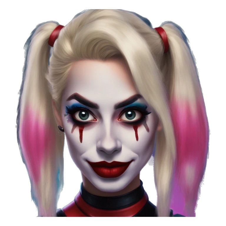 Synthwave Harley Quinn in Uncle Scrooge style, oil paint, mysterious eyes, intricate lips, masterpiece top portrait, beautiful, desirable, logical sticker