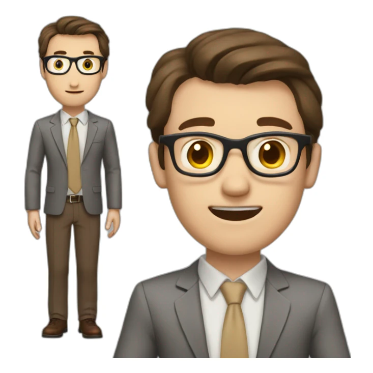 To belt Actively gesturing with hands Pale skinned fit man teacher with dark brown hair in gray jacket, beige office shirt, brown tie, brown pants and vintage glasses. sticker