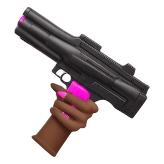 brown hand with pink nails holding large scary black nerf gun sticker