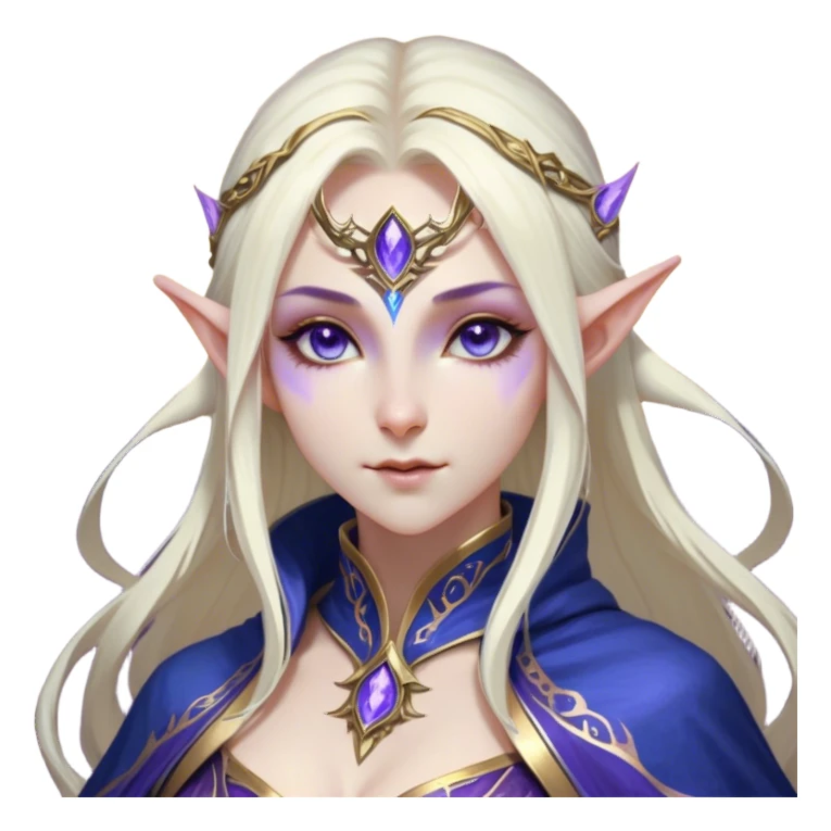 Cinematic Realistic WoW Elf Mage Portrait, head tilted epicly and inquisitively, showcasing a commanding presence and graceful arcane power. Her luminous, porcelain-like skin and delicate features, framed by an intricately detailed robe in deep blues and purples with golden accents, are rendered with lifelike clarity and dramatic, mystical lighting, high shine, epic and awe-inspiring, embodying the timeless magic of an elven mage poised to reshape destiny. sticker