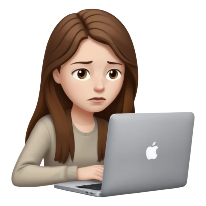 create a woman long hair brown, sitting with her macbook looking tired. looking at her computer, exausted  sticker