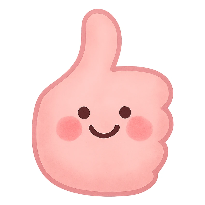 a cute pink thumbs up emoji, hand with a smiling face, blushing cheeks, friendly sticker