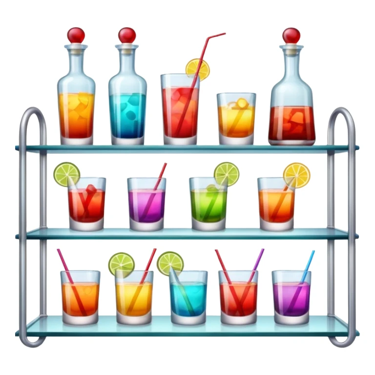 A glass shelf filled with cocktail bottles and fancy drinking glasses.
 sticker