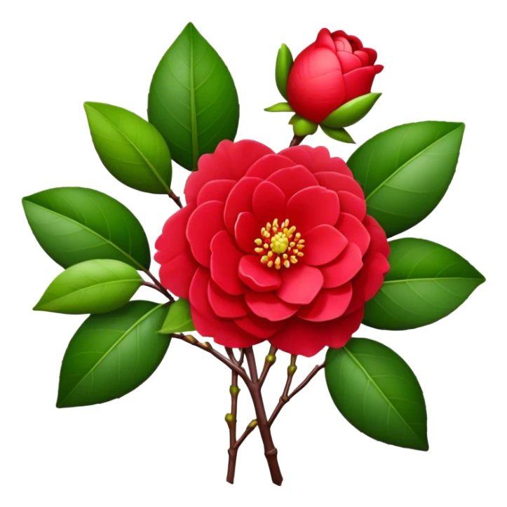 bouquet Red Camellia, luxuriant, stem, leaf, bud sticker
