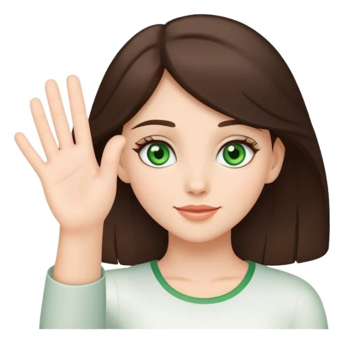 brunette girl with  with green eyes waving greeting with one hand sticker