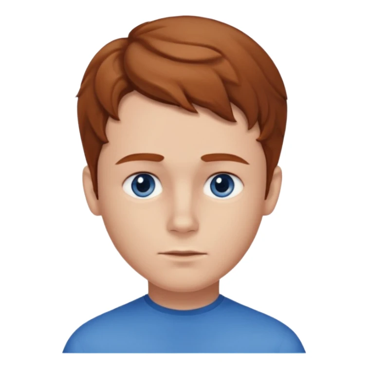 Please generate a portrait of a boy. He has light brown to reddish-brown wavy hair, a right side parting, slightly longer sideburns, blue eyes, a snub nose, and a somewhat pronounced pout. sticker