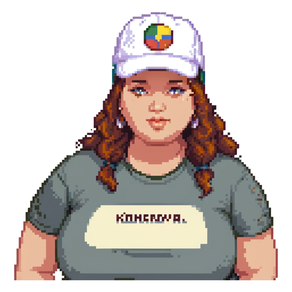 A plus-size woman with a cap that says "Komarova", make her even more plus-size. sticker