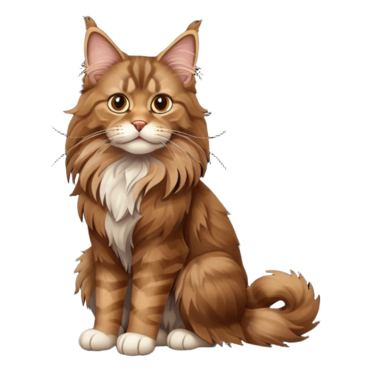 A high-resolution photo-realistic digital illustration of a brown maine coon cat, full body sticker