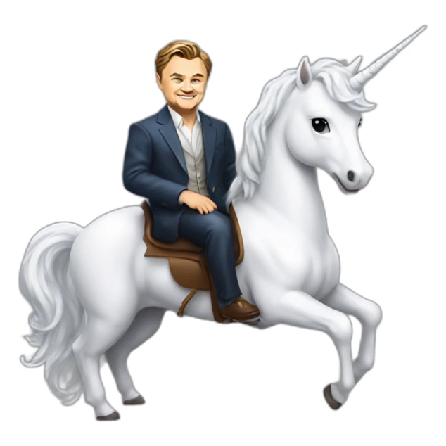 Leonardo DiCaprio smiling and sitting on a white unicorn as a rich billionaire sticker