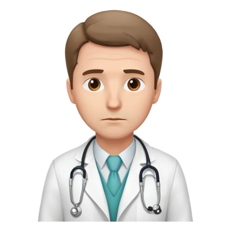create a male white doctor wearing a white rope with a Stethoscope on her neck. his face is slightly sad sticker