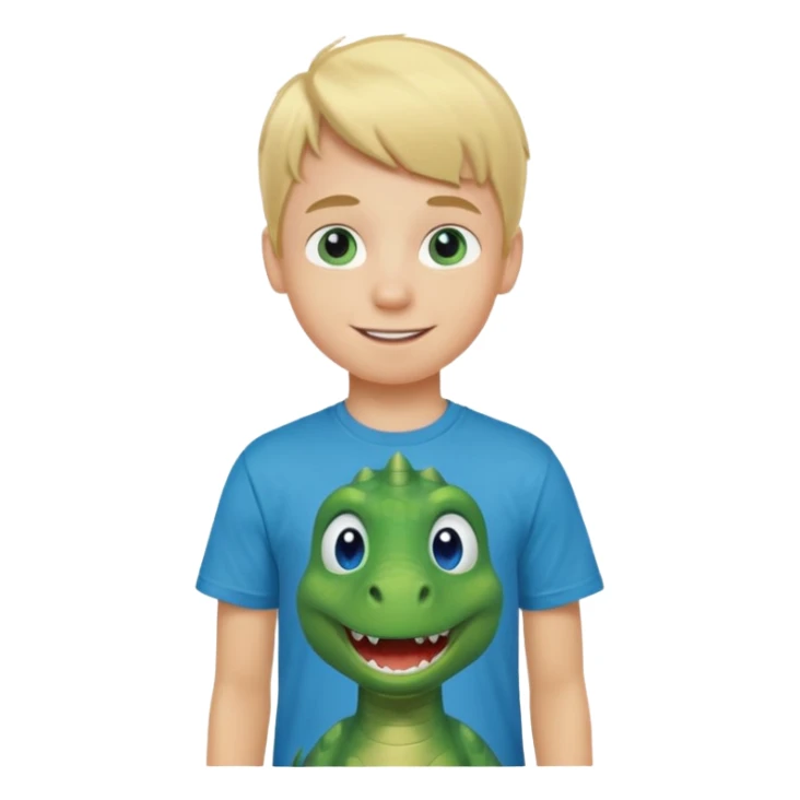 A smiling blond boy with blue eyes wearing a green dinosaur T-shirt sticker