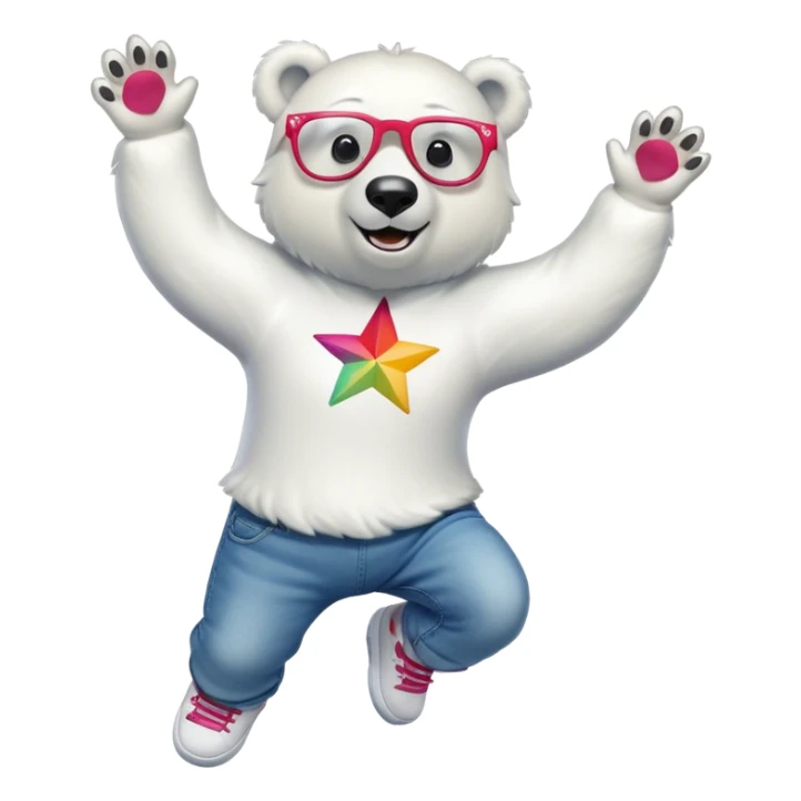 friendly anthropomorphised polar bear leaping with excitement, wearing a shirt, jeans, trainers, oversized colorful star glasses sticker