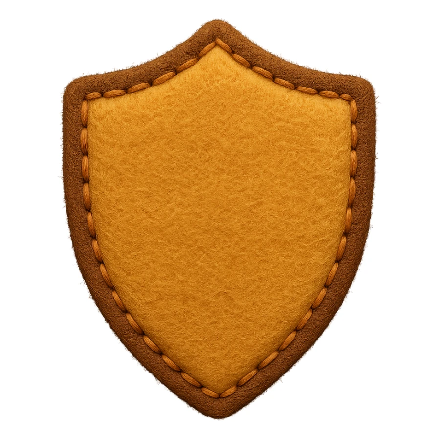 <StylePrompt>
  <Name>Felt Appliqué Plush Style</Name>
  <Description>A soft, handcrafted look inspired by plush felt fabric with visible stitching and a padded 3D texture, rendered on a solid black background.</Description>
  <VisualProperties>
    <Material>Felt</Material>
    <Texture>Soft, fuzzy, with slight fiber detail</Texture>
    <Stitching>
      <Type>Thick thread</Type>
      <Color>Orange or slightly darker tone than fabric</Color>
      <Pattern>Uniform running stitch along outer edge</Pattern>
    </Stitching>
    <Padding>High, plush-like 3D depth</Padding>
    <Edges>Rounded corners</Edges>
    <ColorPalette>
      <Primary>Warm yellow/orange tones</Primary>
      <Accent>Brown or dark orange for facial features and outline</Accent>
      <Background>Black</Background>
    </ColorPalette>
  </VisualProperties>
  <Rendering>
    <Lighting>Soft, even studio lighting</Lighting>
    <Shadows>Subtle drop shadows for depth</Shadows>
    <Perspective>Flat front-facing, symmetrical if applicable</Perspective>
  </Rendering>
  <Applicability>
    <SubjectType>Any object, animal, or letterform</SubjectType>
    <OutputFormat>Icon, emoji, patch-style graphic</OutputFormat>
  </Applicability>
</StylePrompt>

{subject} = shield sticker