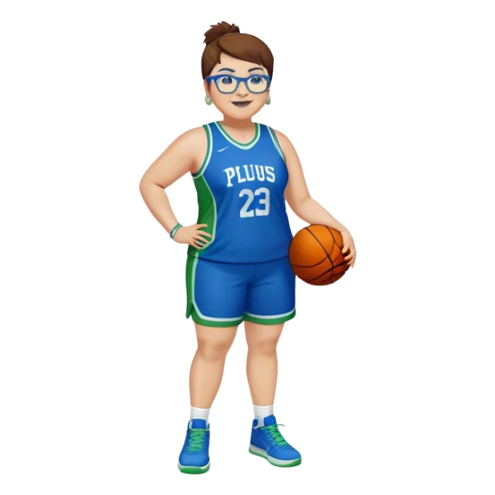 Full Body plus size white female basketball player with short medium brown hair with short spike hair wearing blue glasses 
With a small wide nose wearing blue green uniform  green sneakers smiling wearing silver hoop earrings sticker