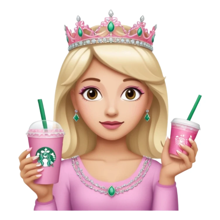 Me with French tip fingernails, a tiara, and a pink Starbucks drink  sticker