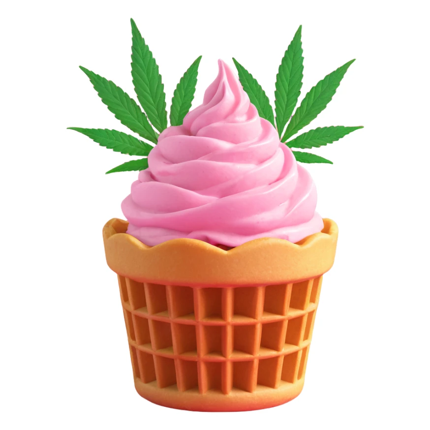 pink gelato in a waffle cup with cannabis leaf sticker