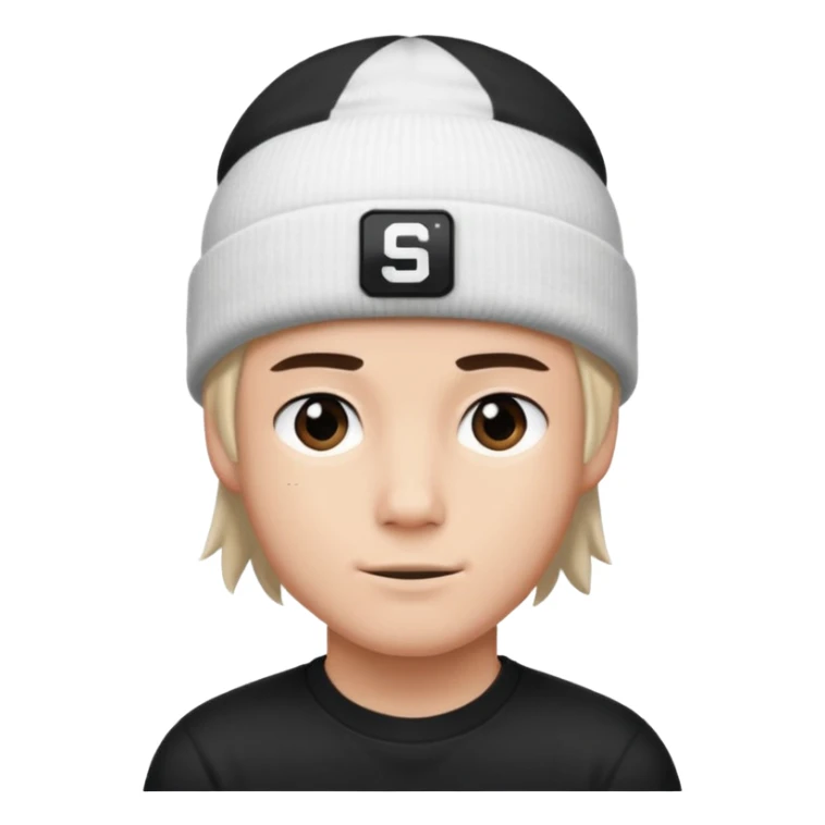 luca wearing a white beanie with a black square logo that says "Steven" on it
 sticker
