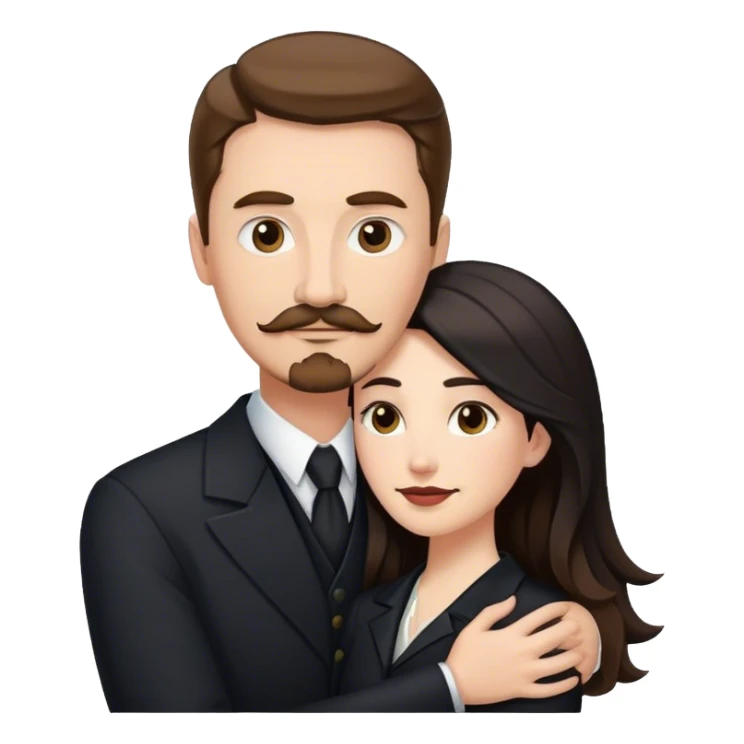 tall white man with brown hair goatee mustache hugging a pale woman with long black hair, wearing formal clothing sticker