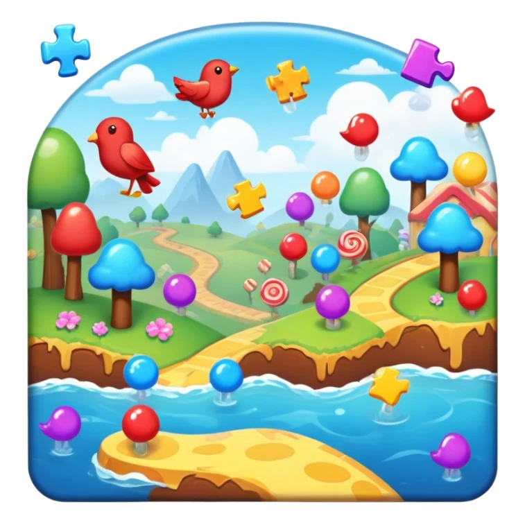 An icon representing a casual game, inspired by titles like Candy Crush. The design features colorful puzzle pieces, bouncing birds, and characters running through dynamic landscapes. Vibrant HUD elements like scores and power-ups highlight the playful. Transparent background sticker