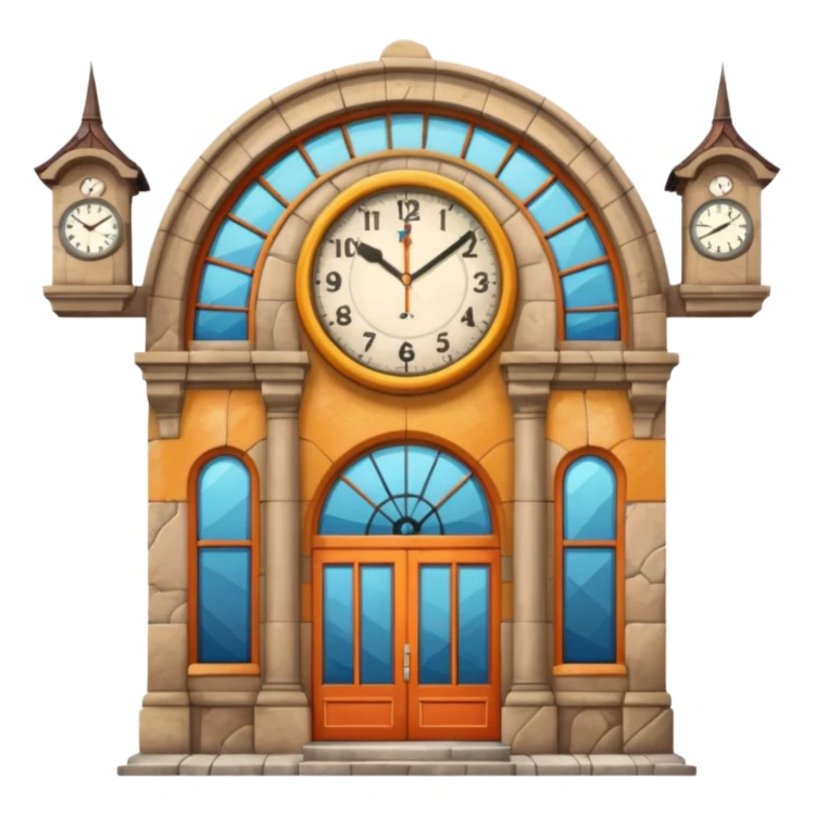 train station facade with clock and tracks, vivid colors, no text sticker