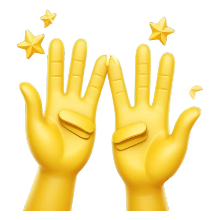 A 3D digital emoji of two yellow cartoon hands doing a joyful high five, palms clapping together in the air, with bright sparkles and motion lines to show excitement and celebration, Apple emoji style sticker