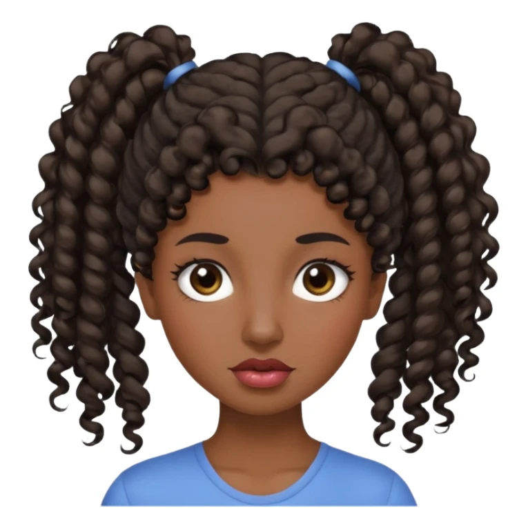emoji sucking its lips in with one eyebrow up and the other one down dark skin and curly hair in one ponytail with eyelashes up to her hair sticker