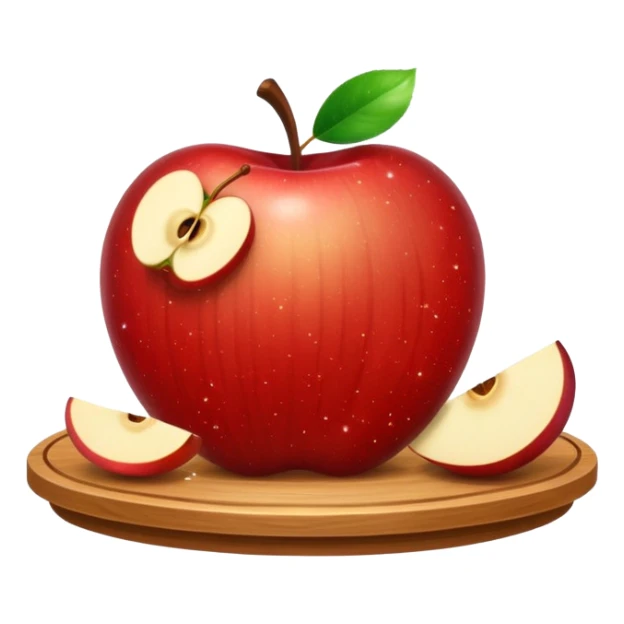 A round wooden board with a whole apple and several slices on it, with sparkles sticker