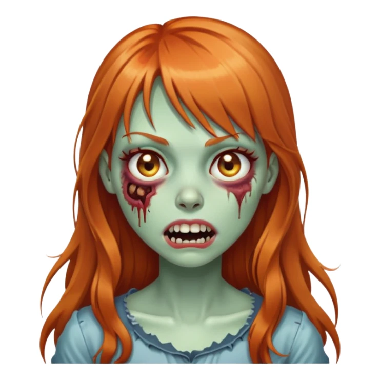 zombie girl with long ginger hair and bangs, winking sticker