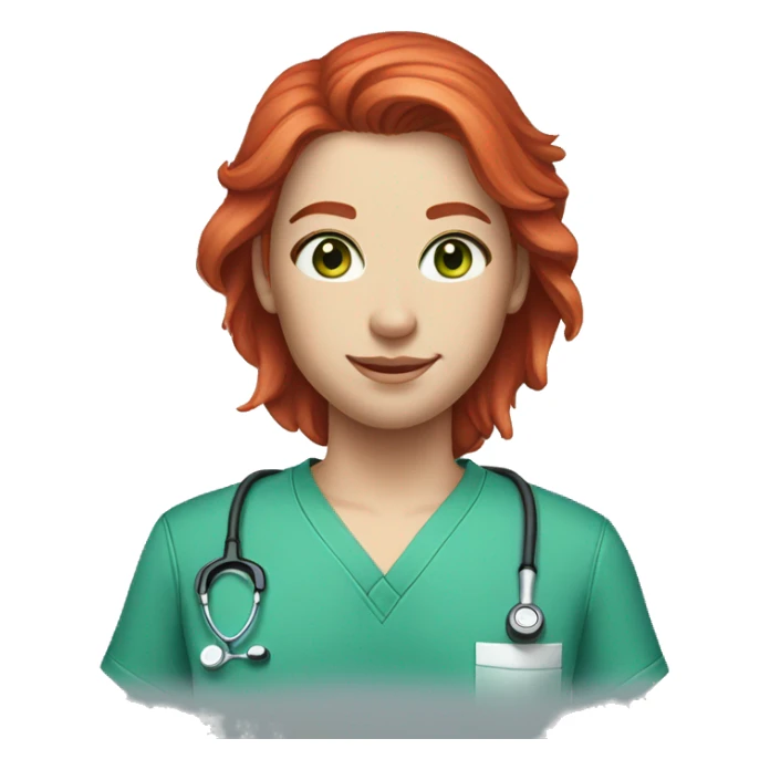 white skin bright red hair green eyes blue scrubs sticker