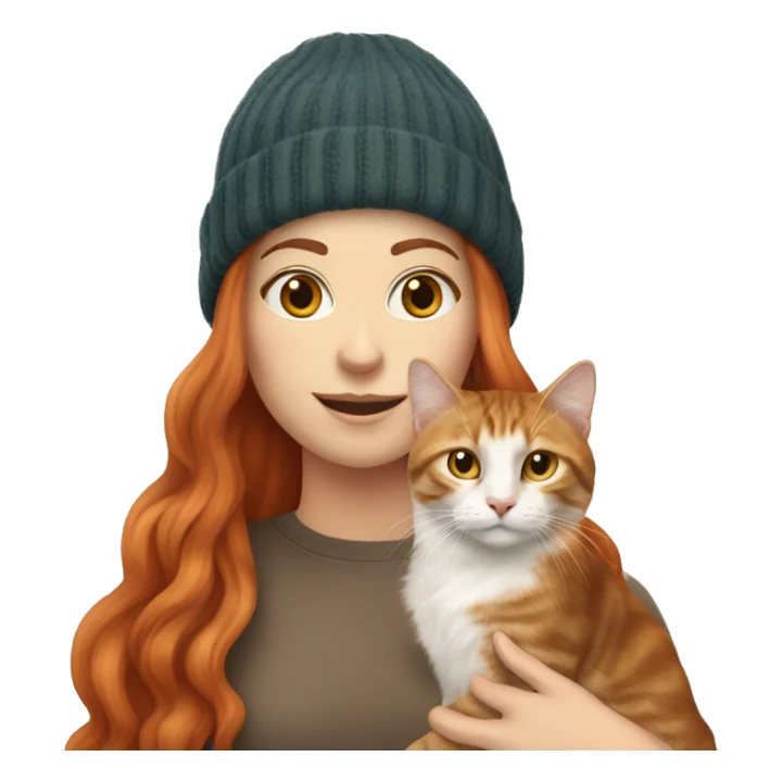 Long Red haired white woman in beanie with holding a long haired tabby cat sticker