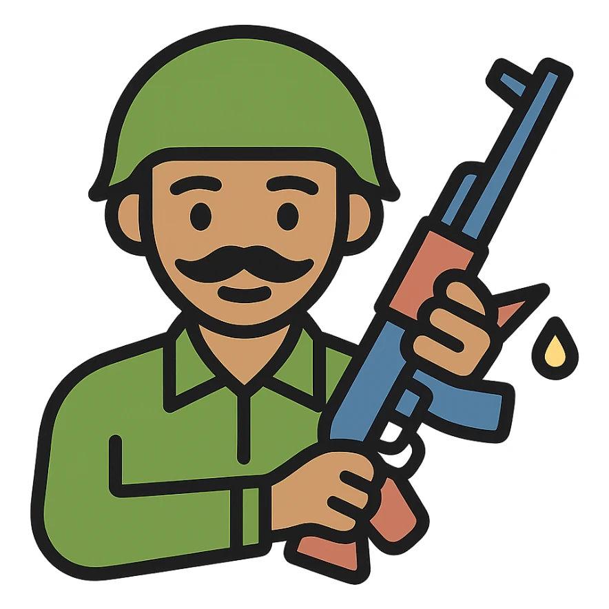Indian soldier greasing a gun, color icon with black outlines sticker