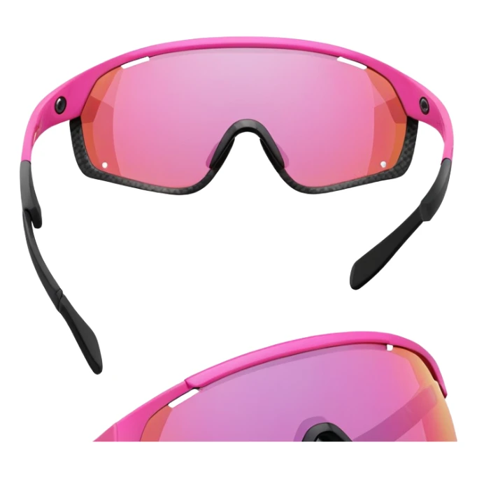 sporty pink shield visor sunglasses with thick frame with carbon fiber appearance, lightweight yet chunky design, substantial build, one-piece lens with hydrophobic coating sticker