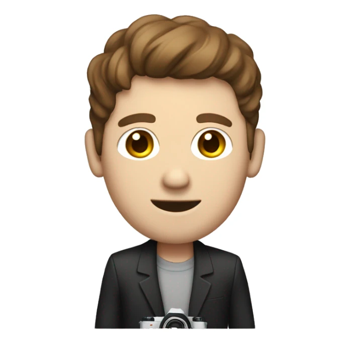 tall white man with brown hair holding a polaroid camera sticker