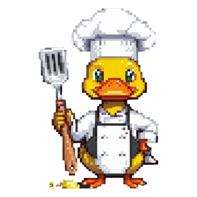 an interesting duck holding a spatula and wearing a chef's hat, thinking about what to eat today sticker