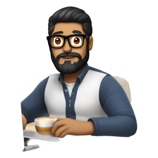 Designer with black hair, beard and glasses working with MacBook and drinking cappuccino ketchup sticker