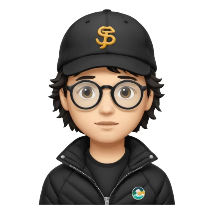 Young man wearing a black puffer jacket, black baseball cap with a small logo, round black glasses, wavy hair peeking out from under the  sticker