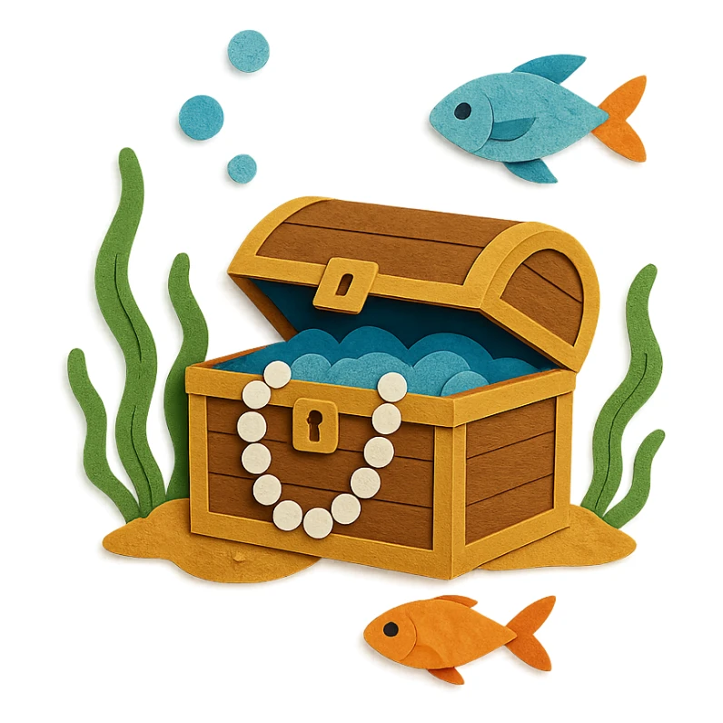 treasure chest underwater with pearls, seaweed, and fish, layered paper effect, paper-craft style sticker