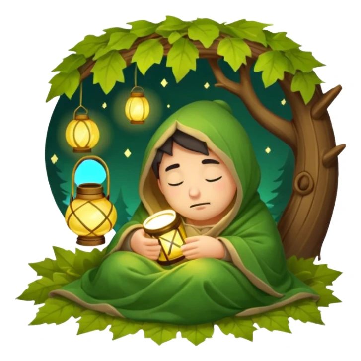 sleepy forest character wrapped in leaf blanket holding glowing lantern half asleep sticker