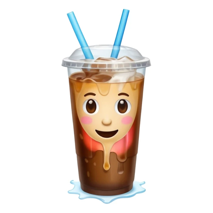A 3D cartoon plastic cup of iced coffee with straw, clear lid, ice cubes floating, realistic condensation, bright sunlight, Memoji-style. sticker