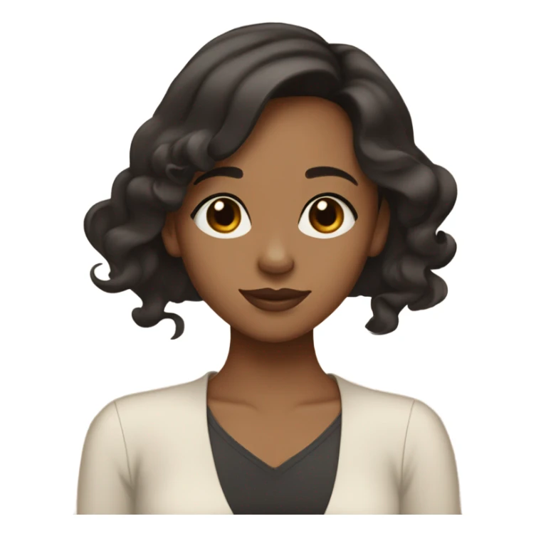 Brown girl with black wavy straight hair, button nose, medium big black eyes, tan skin tone and medium heart lips sticker