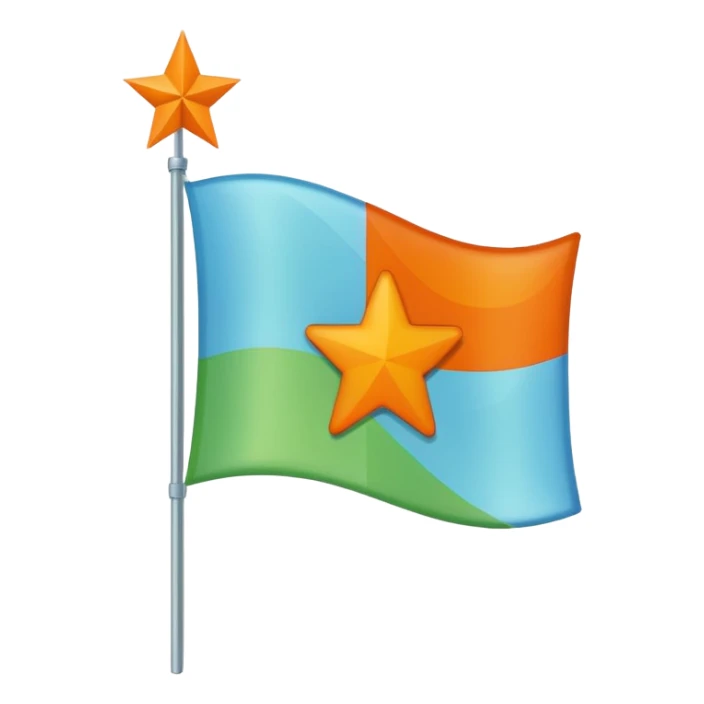 create a flag with orange star in the left and the light green in top and bottom and the light blue triangle left to Right and blue on the right up to down behind the light blue triangle sticker