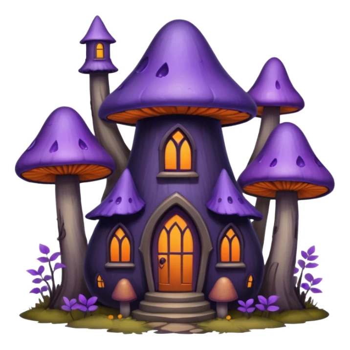 A whimsical mysterious gothic style, purples, dark hues, warm orange, beautiful mushroom house within tall skinny lush & bare trees sticker